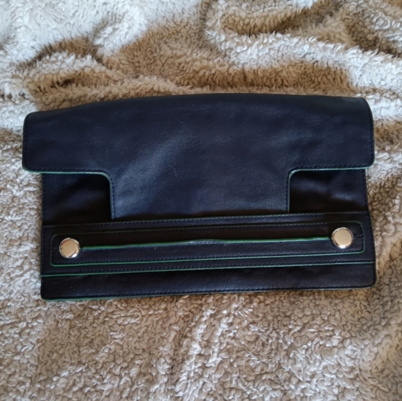 Banana Republic Flap Clutch Bag Navy Blue leather Green Piping purse - Picture 10 of 10